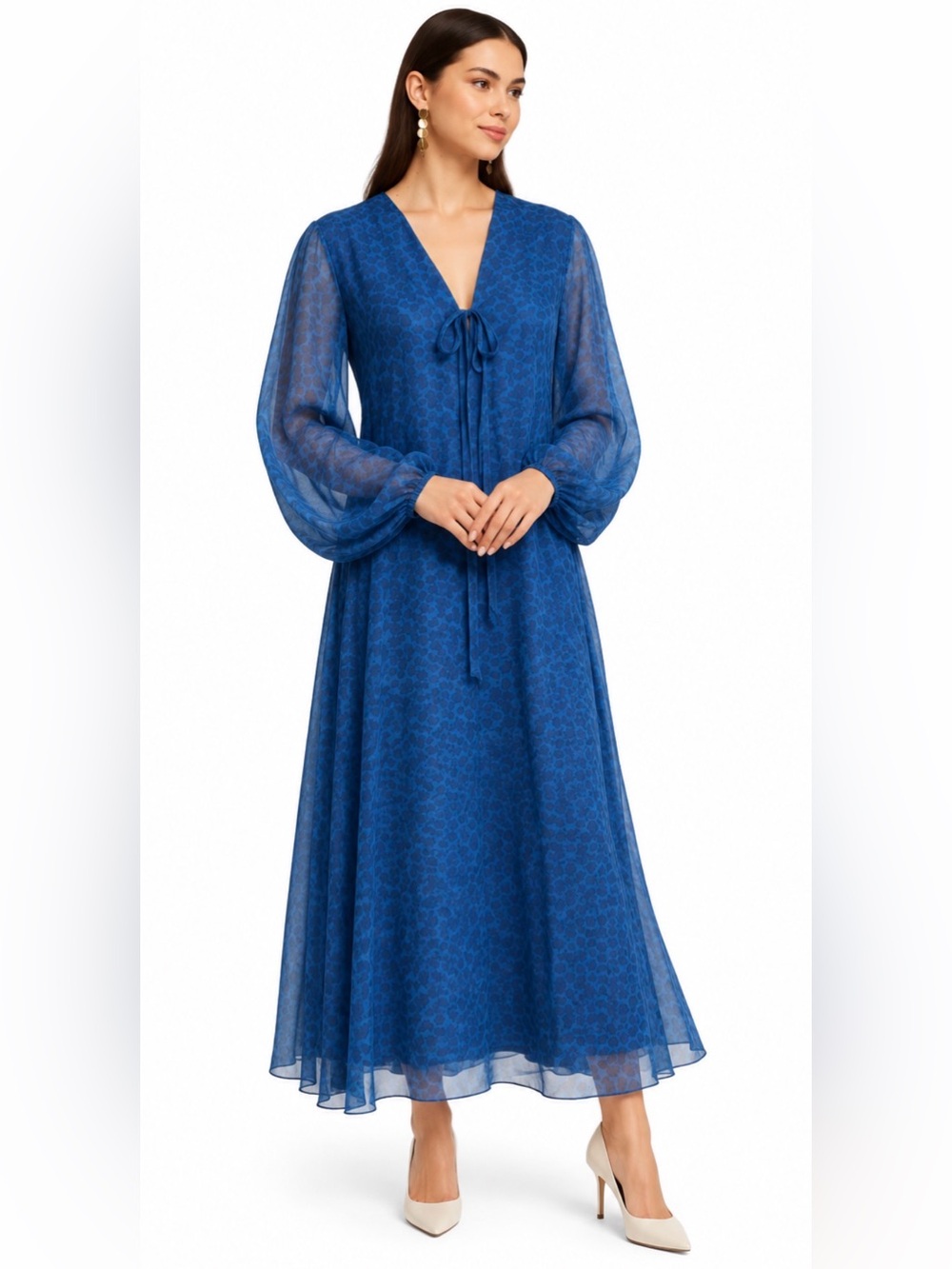 Vintage 1980s Robert Courtney Blue Chiffon V-neck Floral A-line Maxi Dress Sz 12